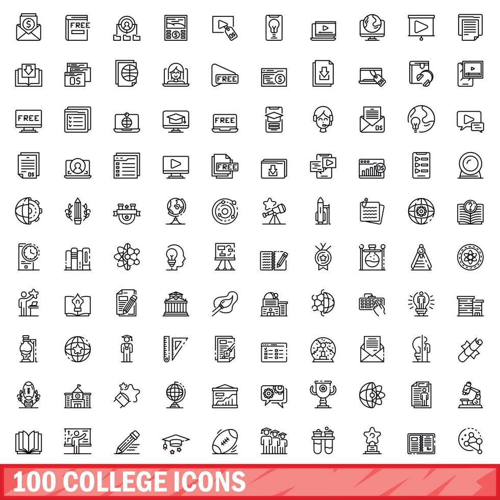 100 college icons set, outline style vector