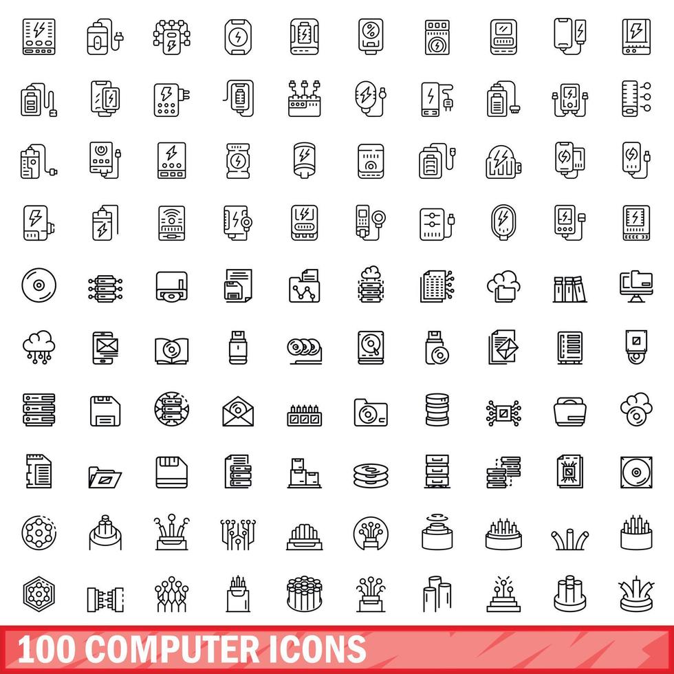 100 computer icons set, outline style vector