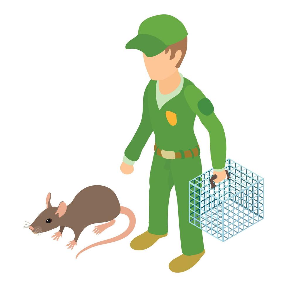 icono de control de roedores vector isométrico. trabajador sanitario con jaula atrapa rata gris