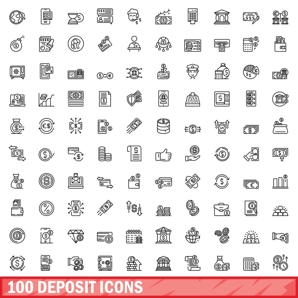 100 deposit icons set, outline style vector