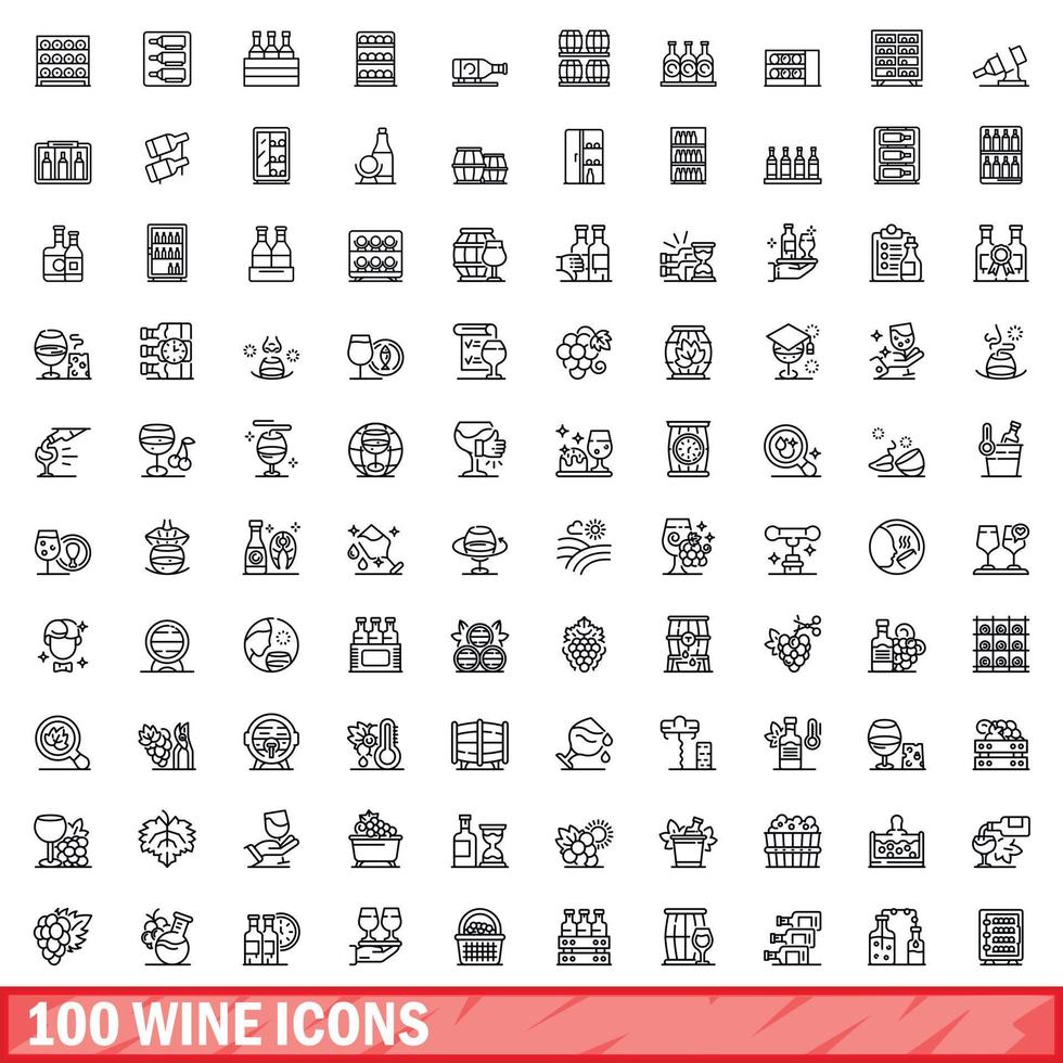 100 wine icons set, outline style vector