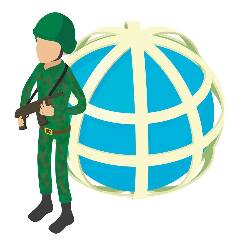 Military man icon isometric vector. Soldier with weapon on planet icon backgroun vector