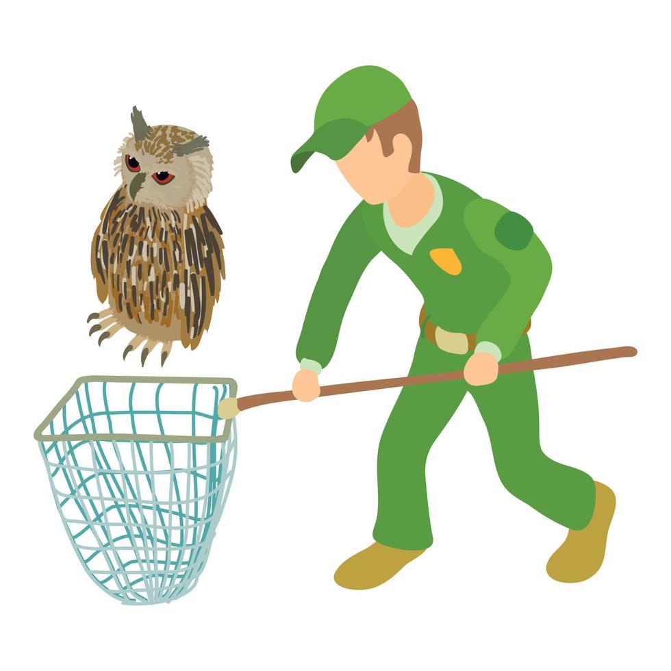 Trapping bird icon isometric vector. Man in uniform with landing net near owl vector