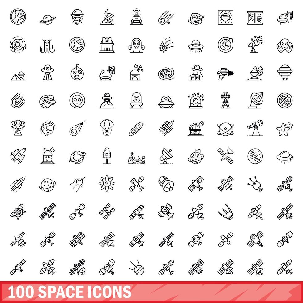 100 space icons set, outline style vector