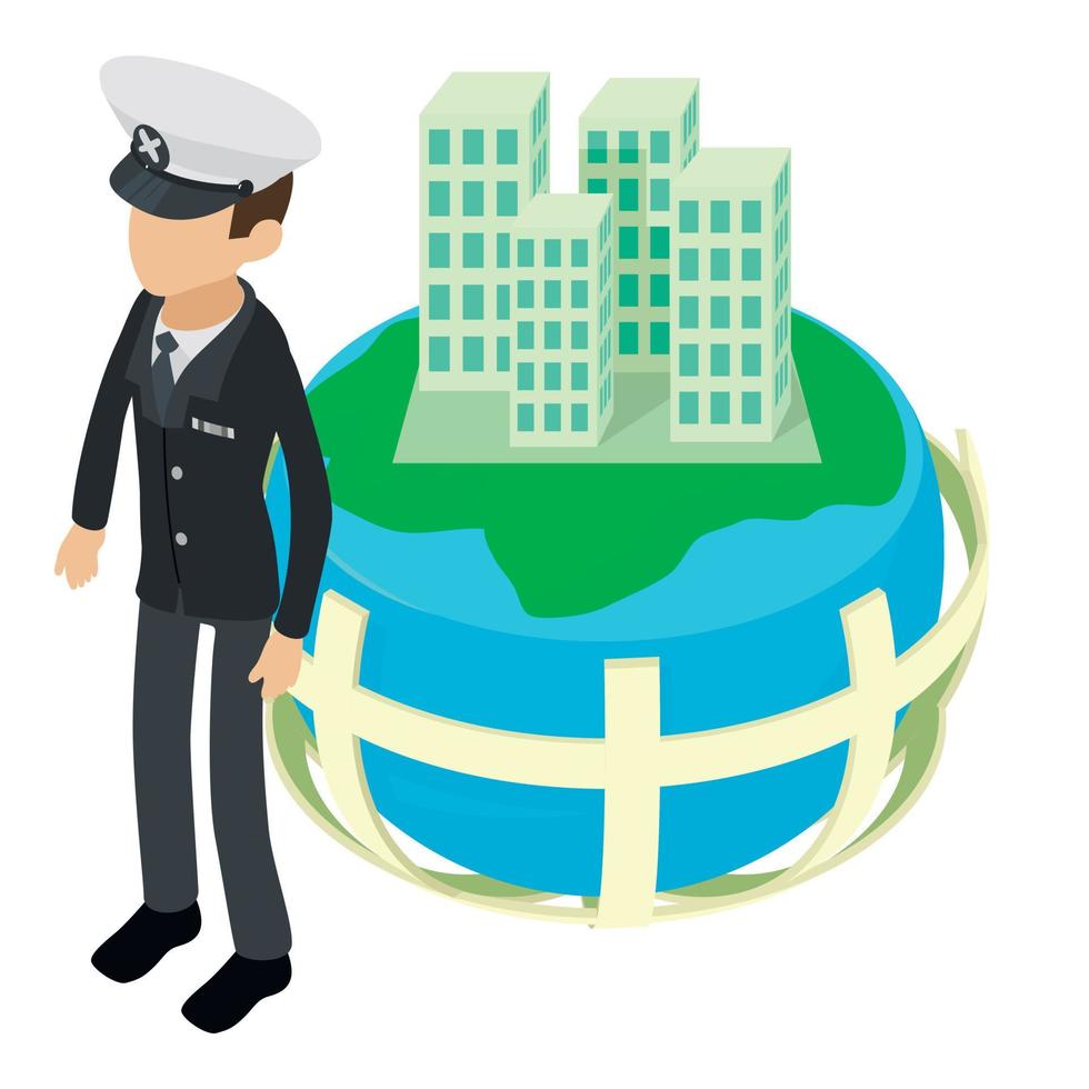 Sea captain icon isometric vector. Male captain near housing estate in planet vector