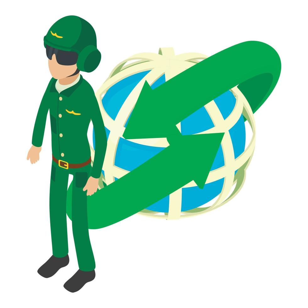 Military pilot icon isometric vector. Man pilot near planet with arrow around vector