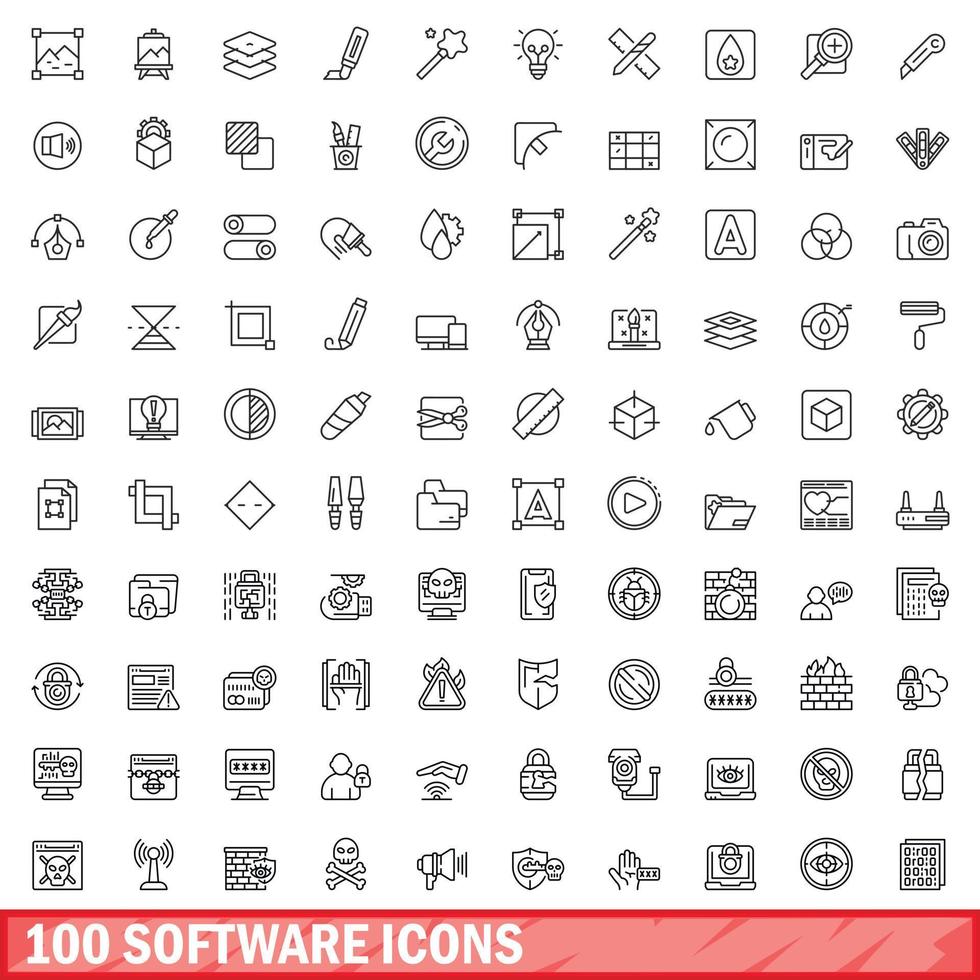 100 software icons set, outline style vector