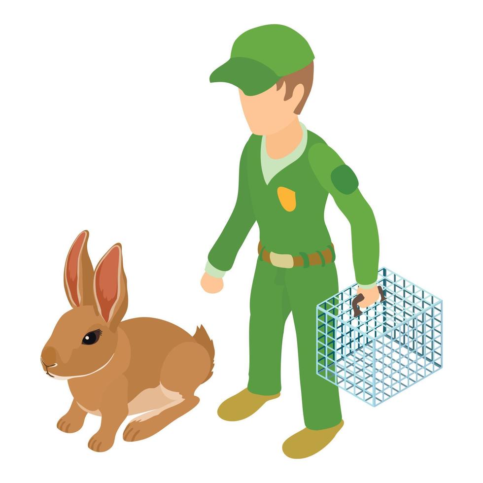 vector isométrico de icono de mascota atrapada. hombre en uniforme con jaula en mano cerca de conejo