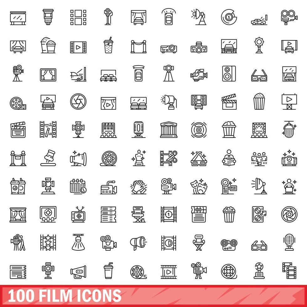 100 film icons set, outline style vector