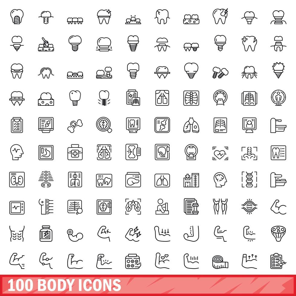 100 body icons set, outline style vector