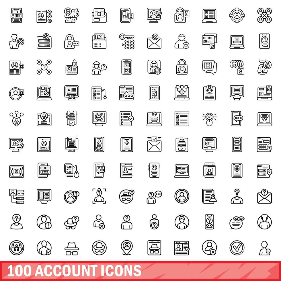 100 account icons set, outline style vector