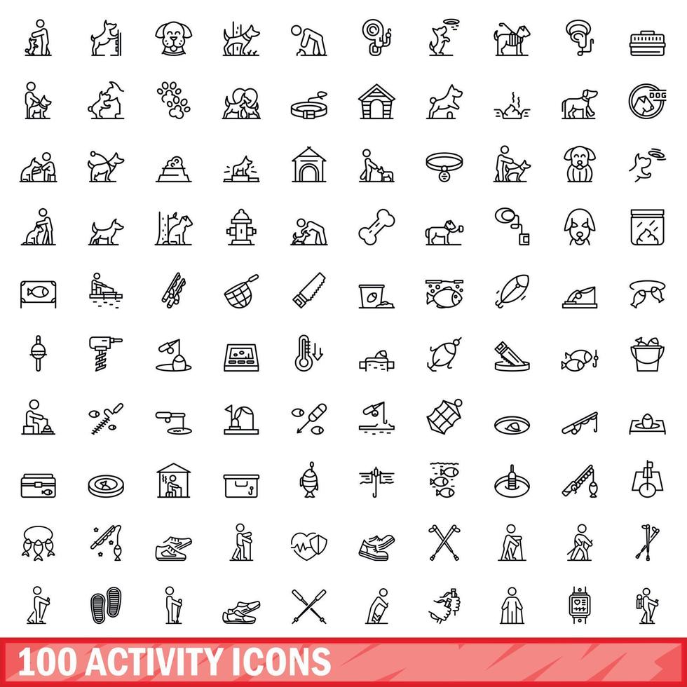 100 activity icons set, outline style vector