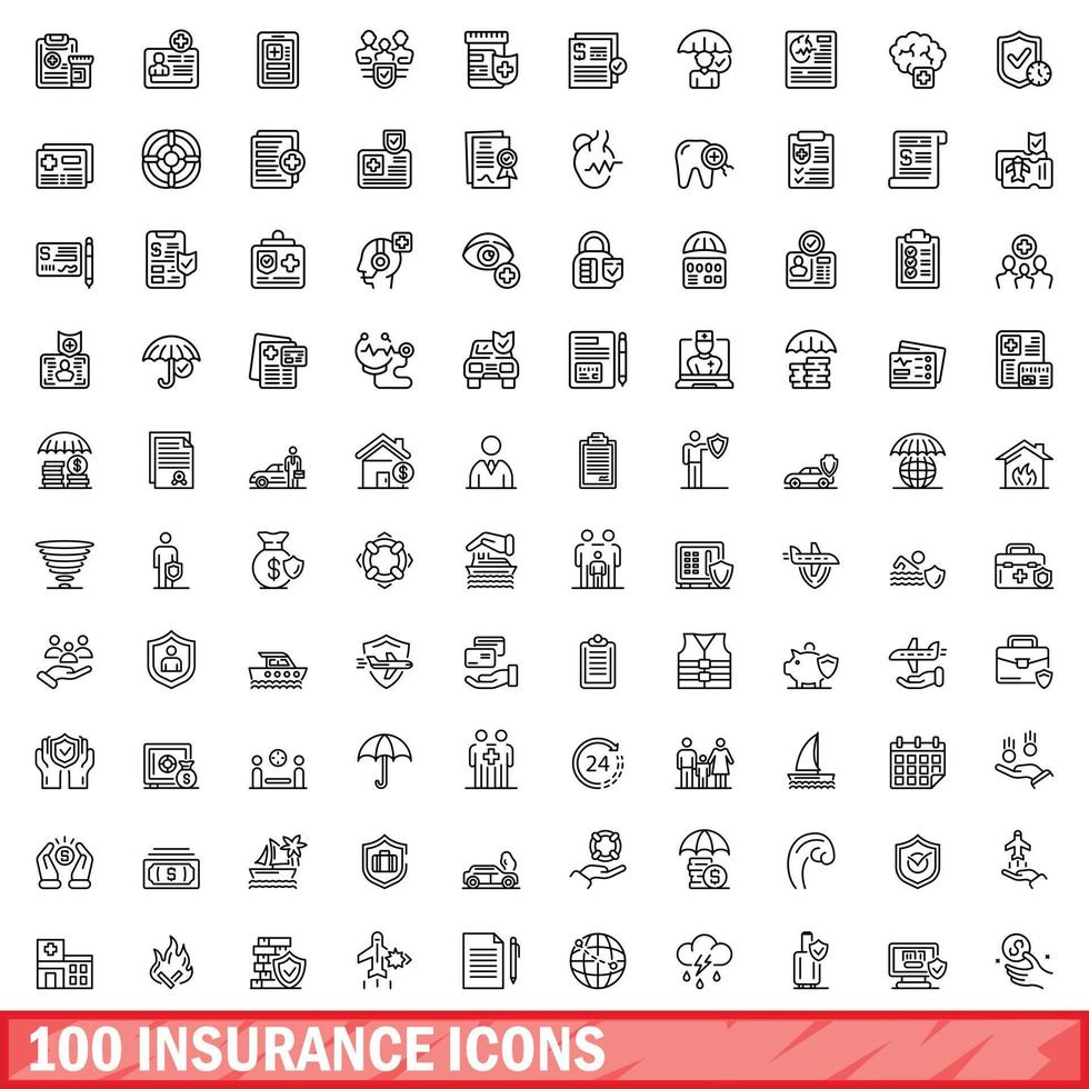 100 iconos de seguros establecidos, estilo de esquema vector