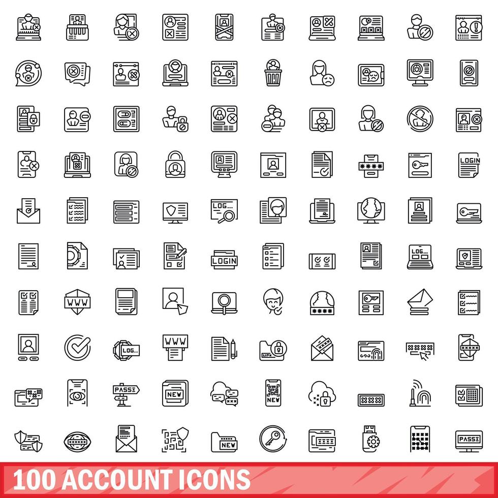 100 account icons set, outline style vector