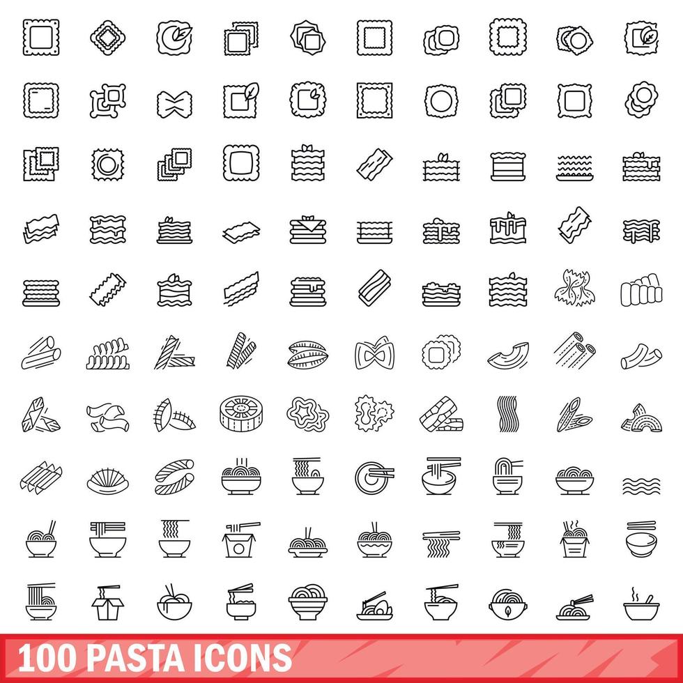 100 iconos de pasta, estilo de contorno vector