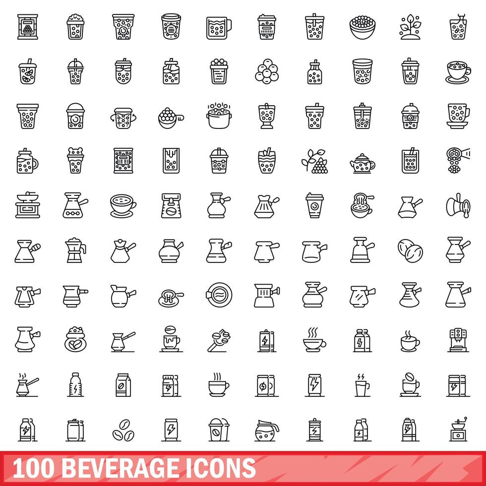 100 beverage icons set, outline style vector