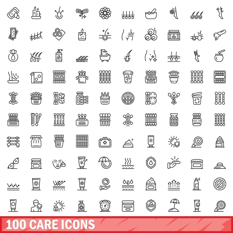 100 care icons set, outline style vector