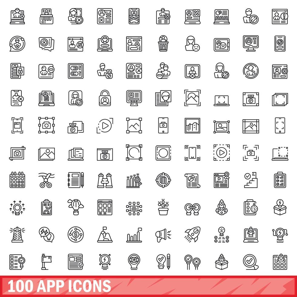 100 app icons set, outline style vector