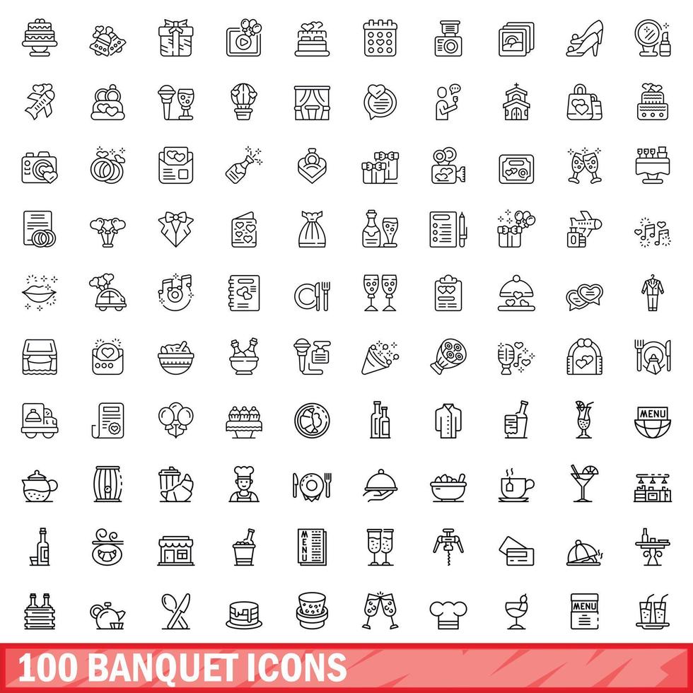 Conjunto de 100 iconos de banquete, estilo de contorno vector