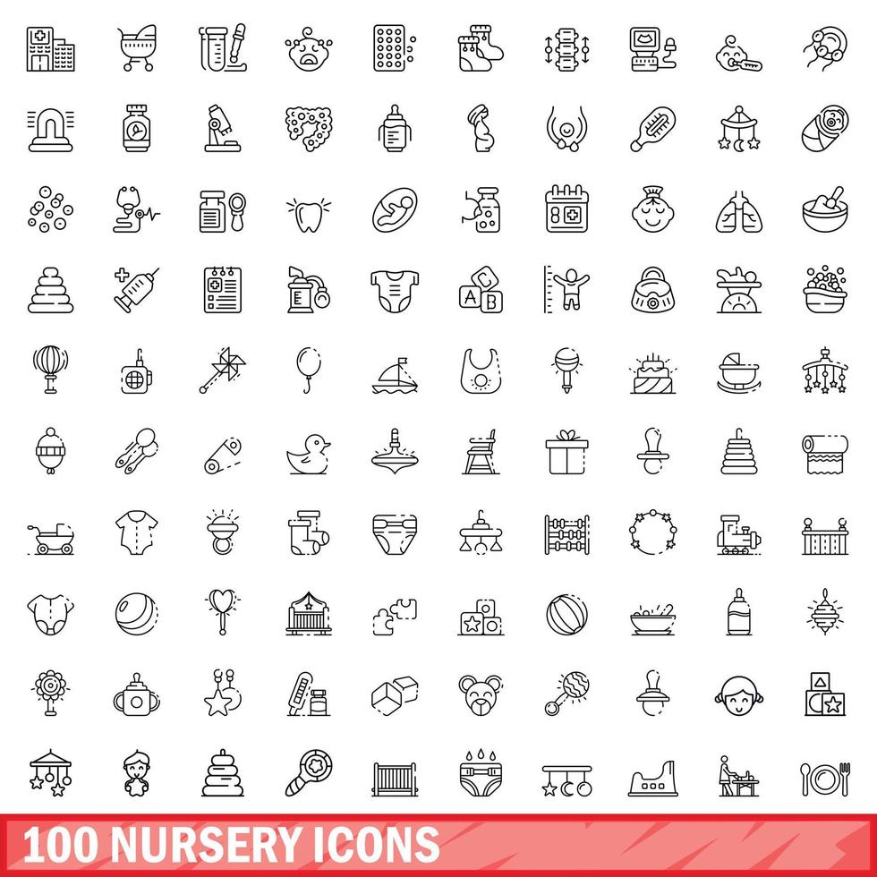 100 vivero conjunto de iconos, estilo de esquema vector