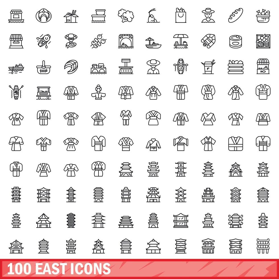 100 iconos orientales, estilo de esquema vector