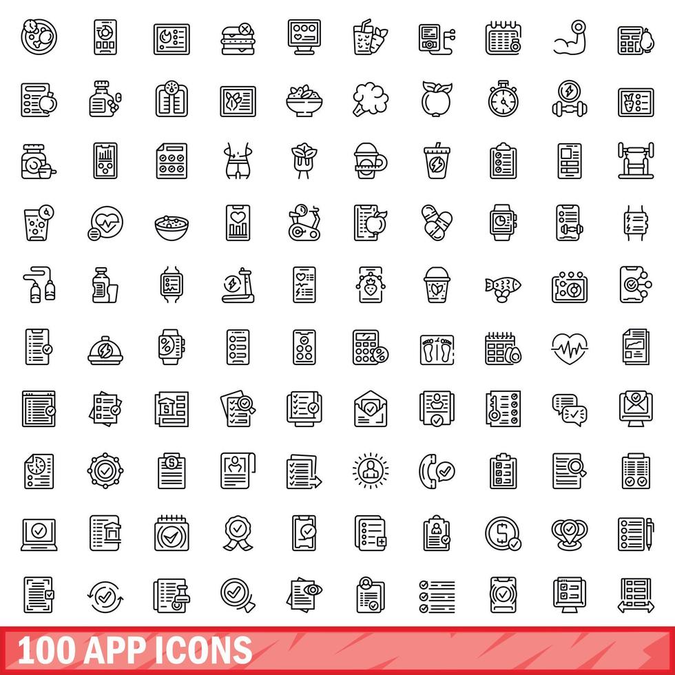 100 app icons set, outline style vector