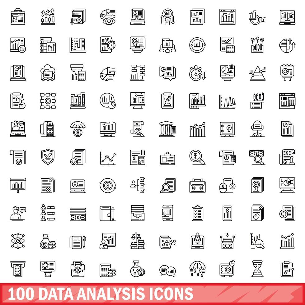 100 data analysis icons set, outline style vector