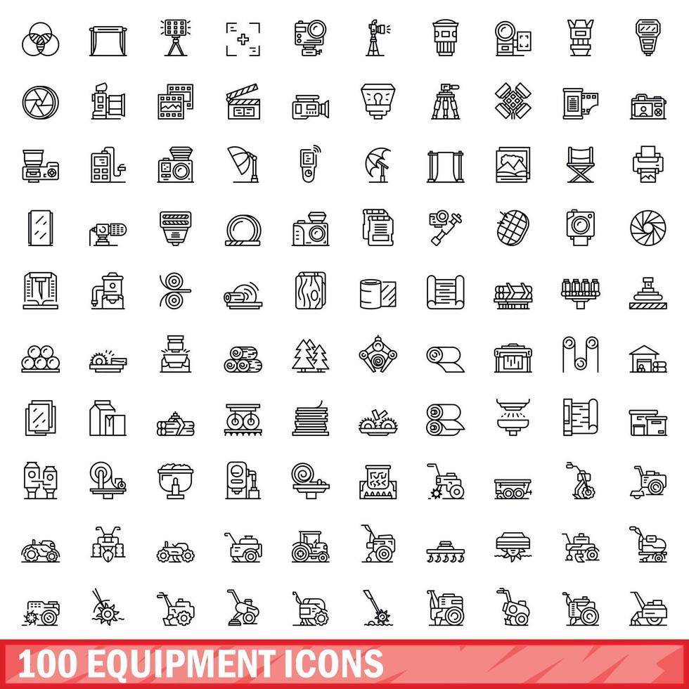 100 equipment icons set, outline style vector