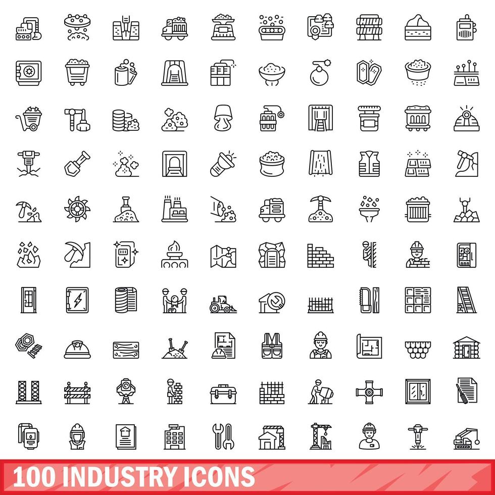 100 industry icons set, outline style vector
