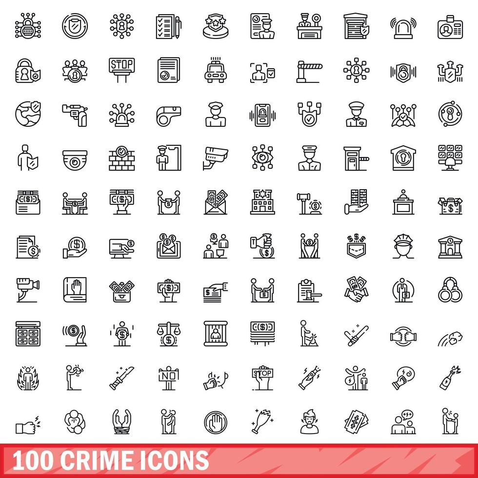 100 crime icons set, outline style vector