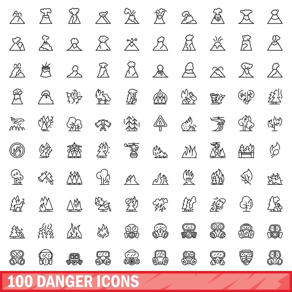 100 danger icons set, outline style vector