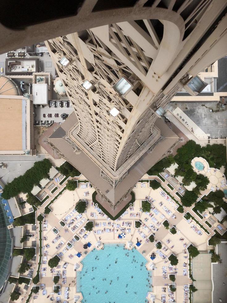 Las Vegas, Nevada - May 24, 2014 -  Aerial view of Paris, Las Vegas, a luxury resort and casino on Las Vegas Strip. The hotel has Paris theme including Eiffel Tower and the Louvre. photo