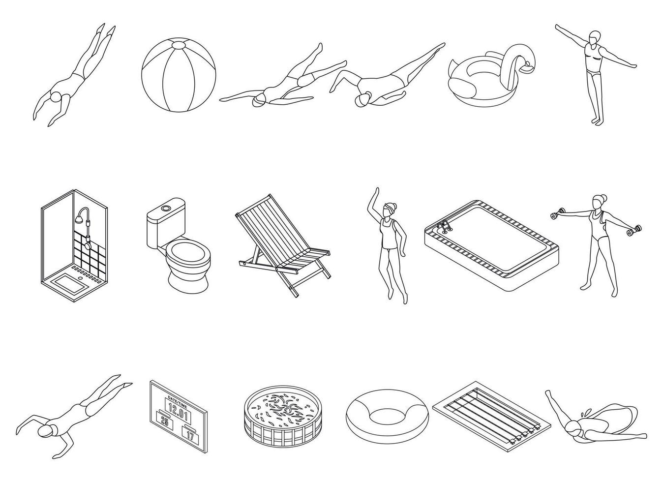 Pool equipment icons set vector outline