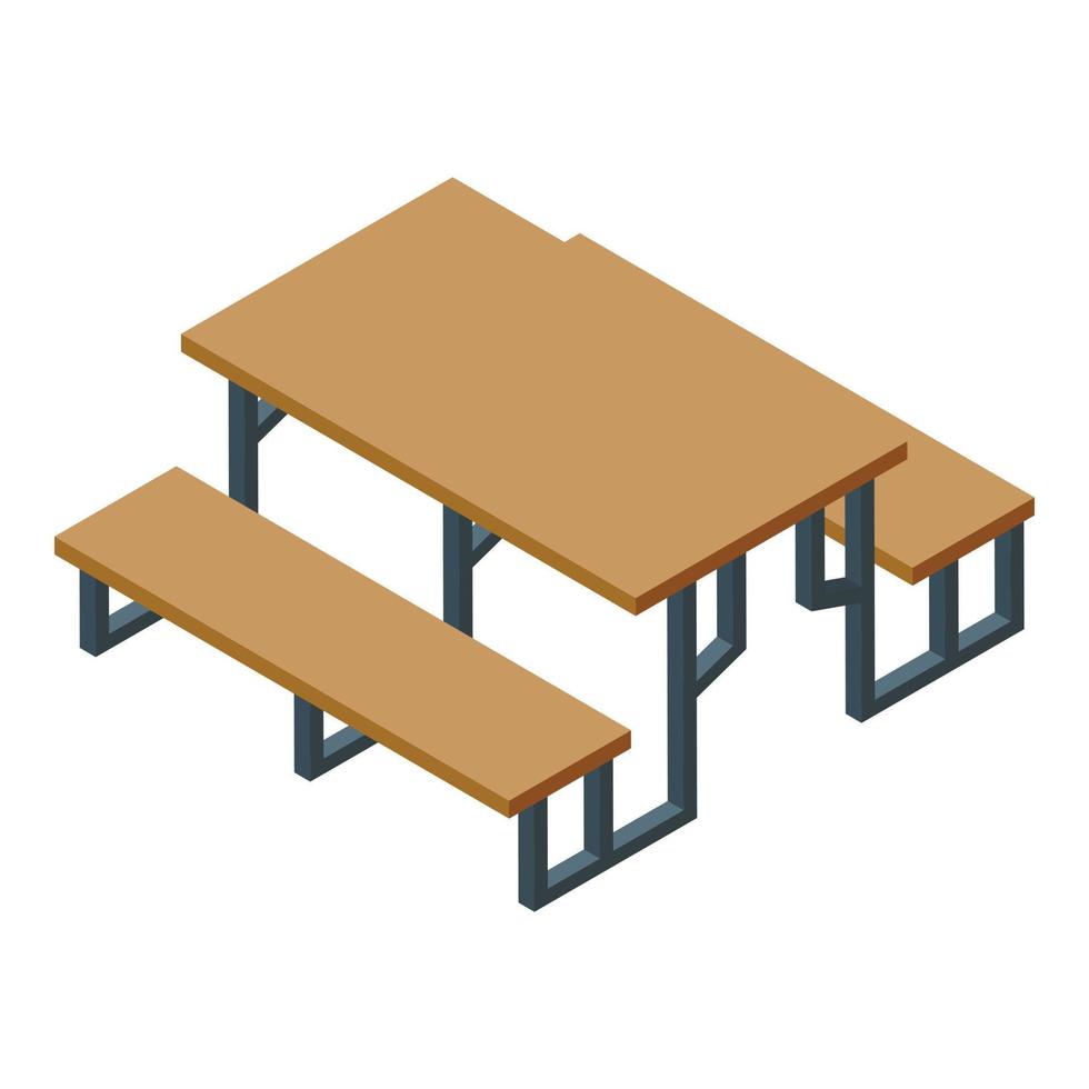 vector isométrico del icono de la mesa de madera del jardín. montaje de muebles