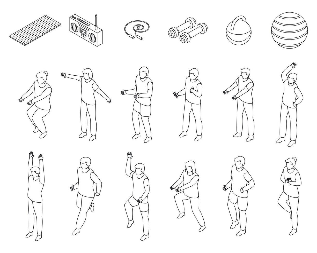 Workout seniors icons set outline vector