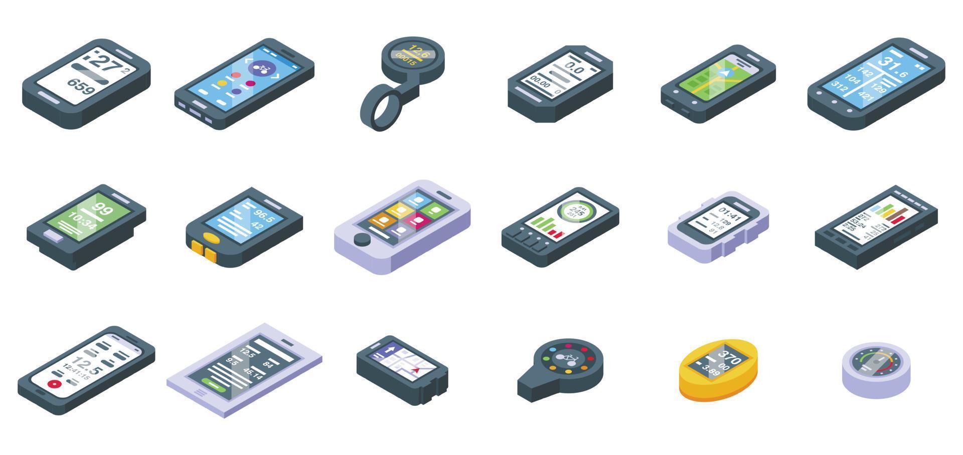 Bike computer icons set isometric vector. Road digital vector