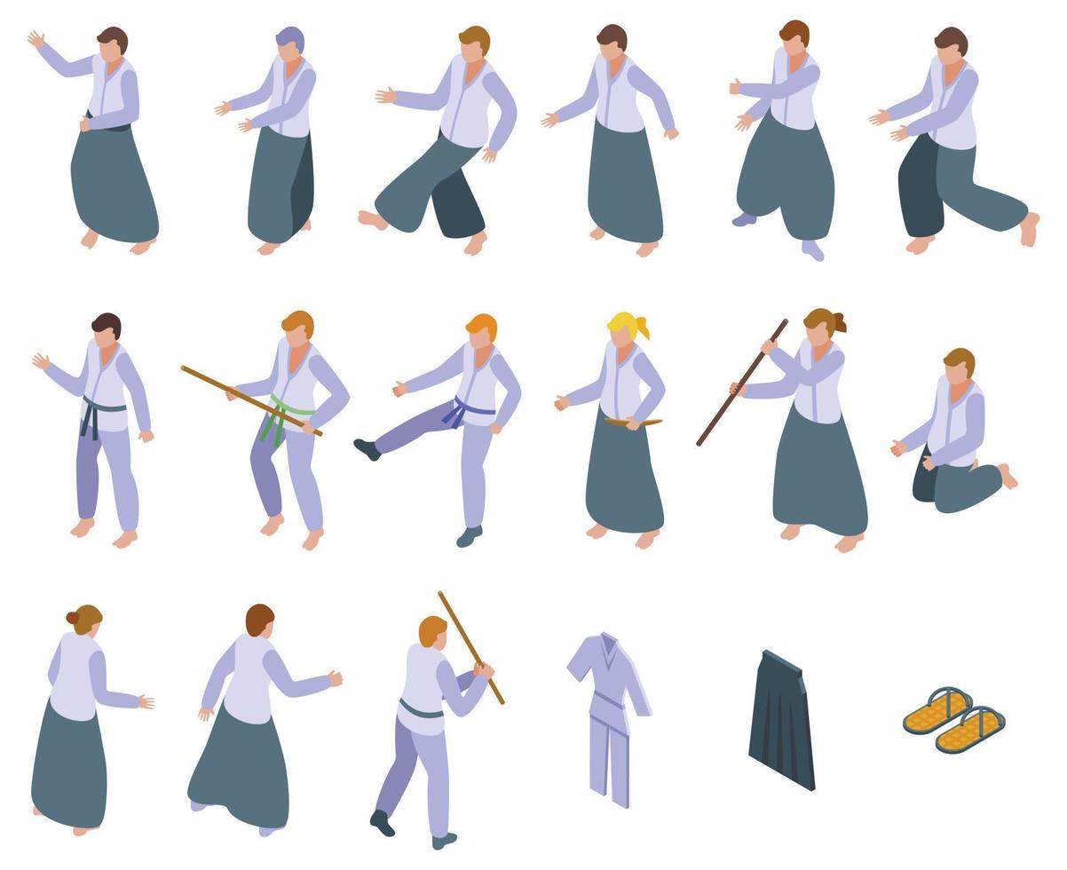Aikido icons set isometric vector. Fight people vector