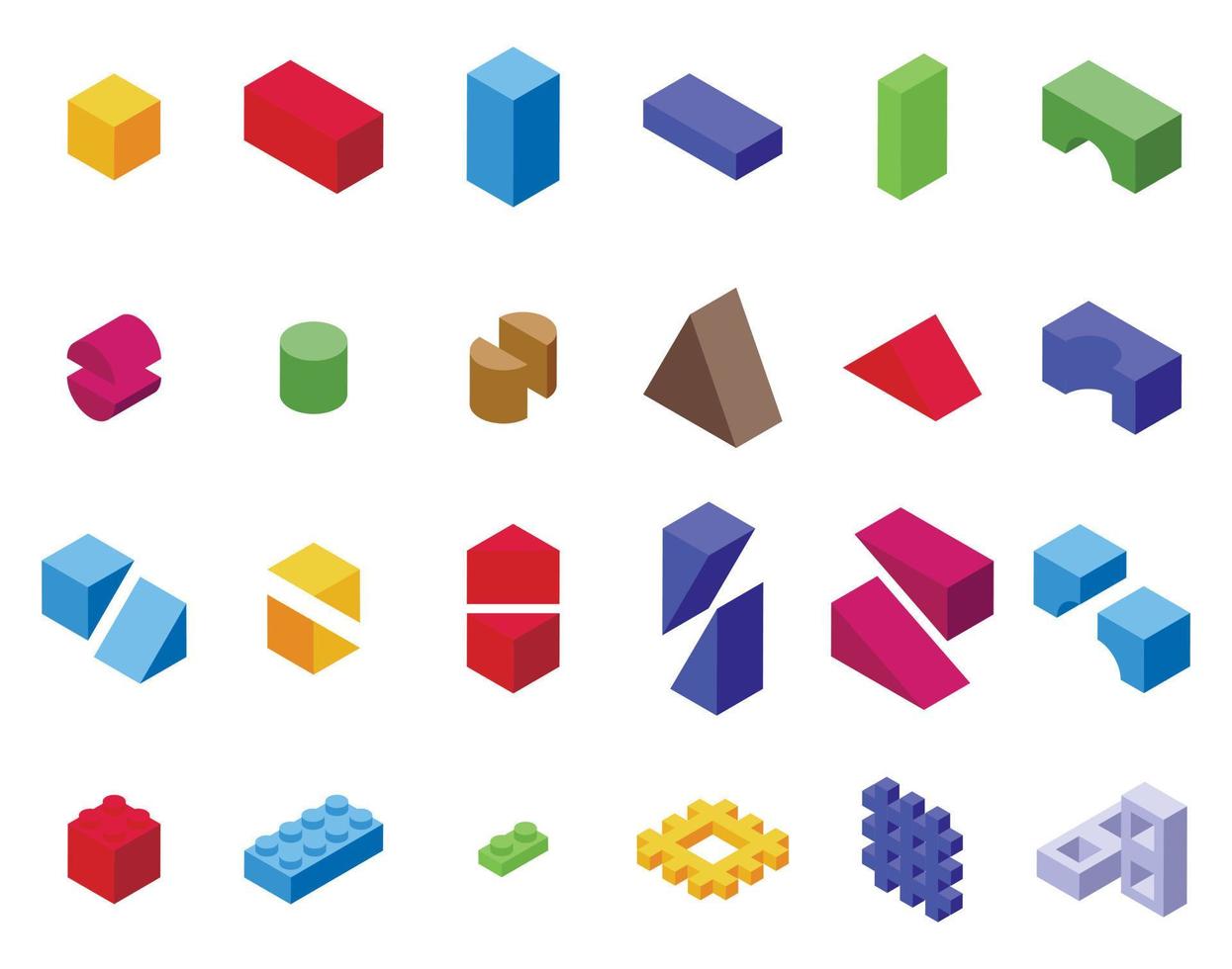 Children building blocks icons set isometric vector. Wooden toy vector