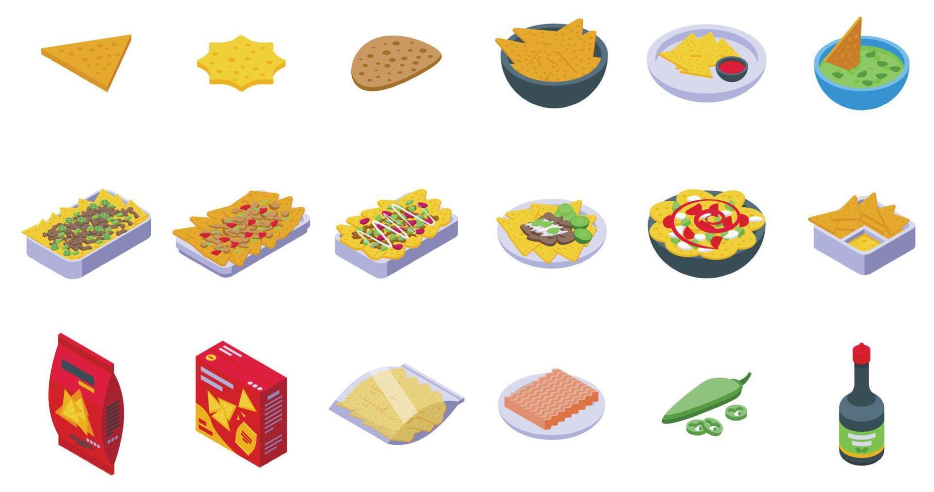 Nachos icons set isometric vector. Mexican dip vector