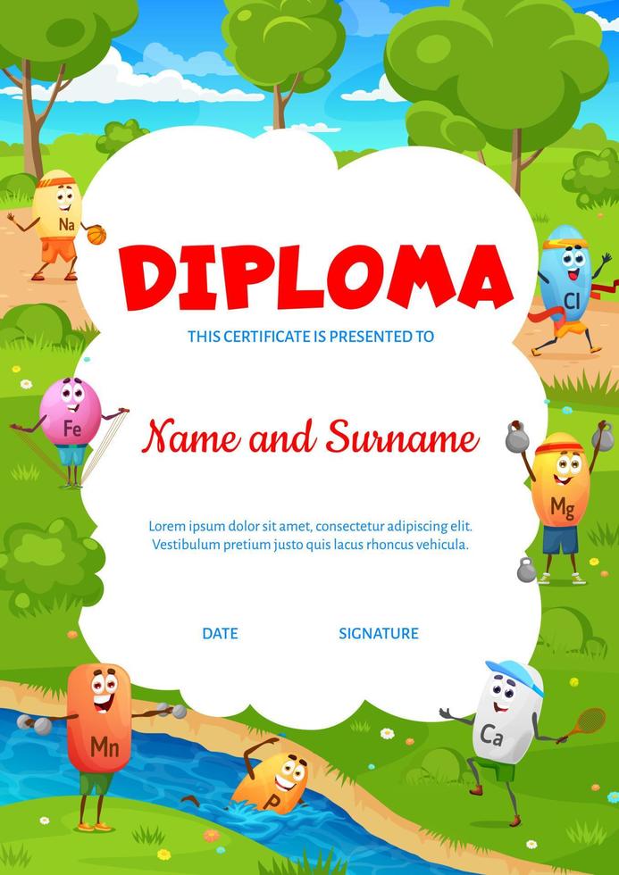 Kids diploma with vitamin sportsman character vector