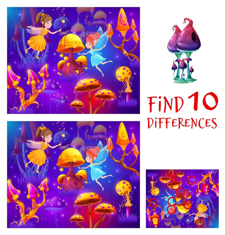 Fairy and luminous mushrooms, find difference game vector