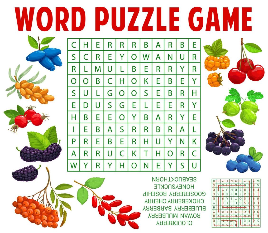 Kids quiz grid, word search puzzle with berries vector