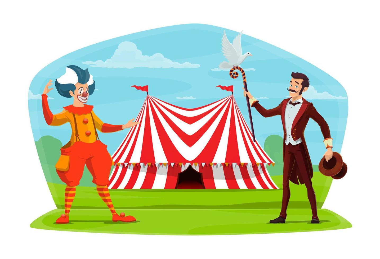Circus clown and illusionist vector cartoon poster