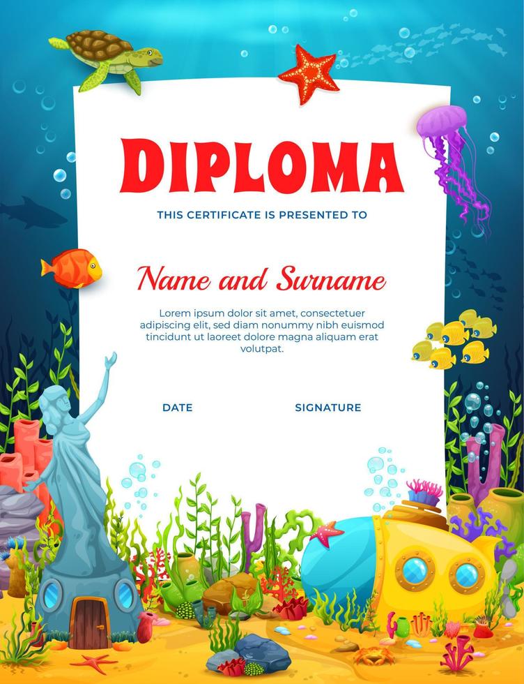 diploma de niños con casa de hadas de paisaje submarino vector