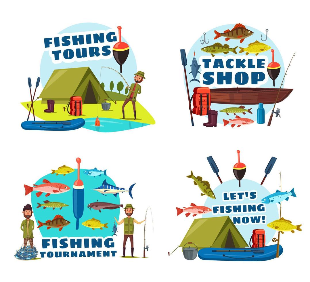 Fisherman fishing with rod, boat and net vector