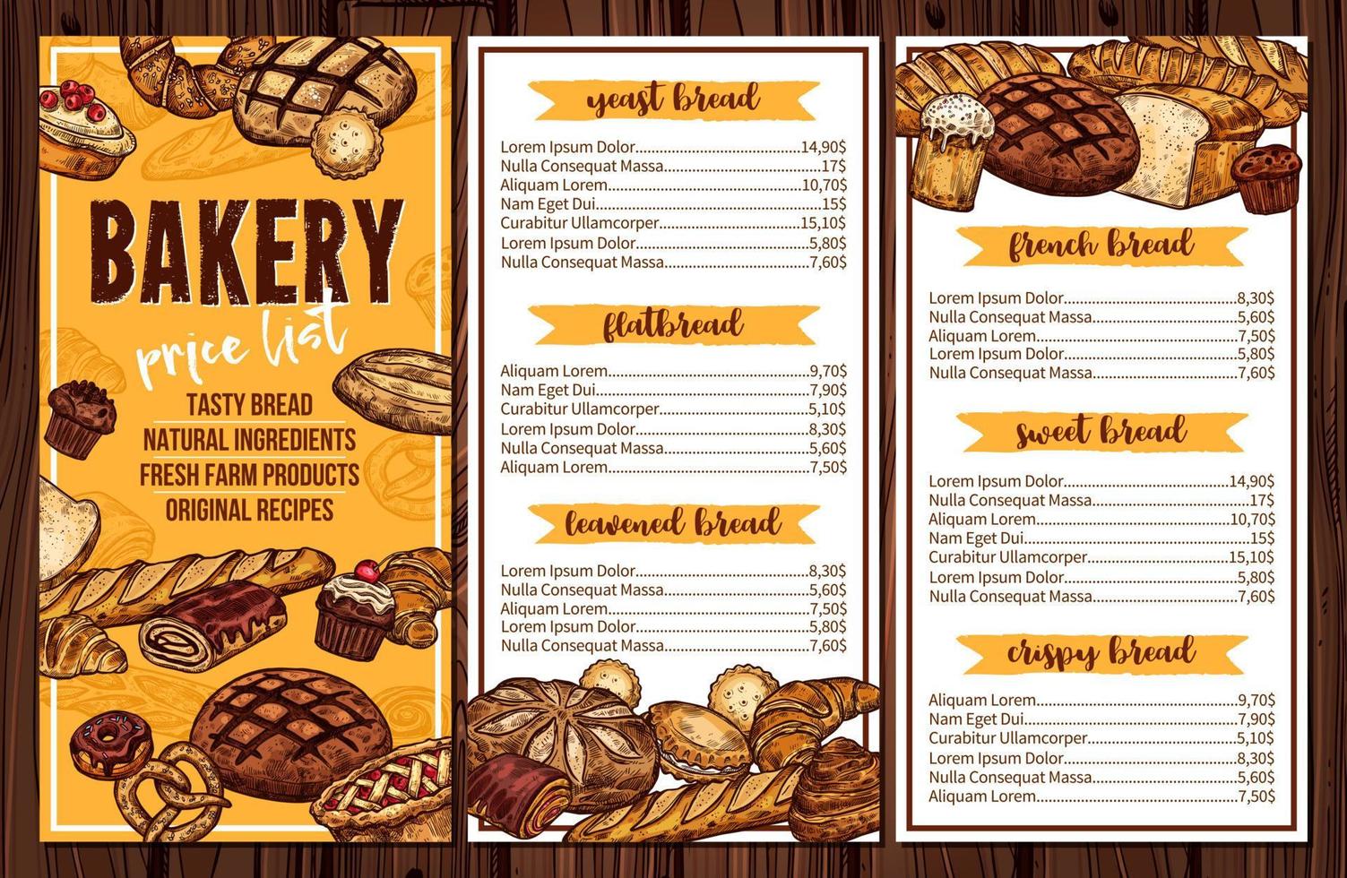 menú vectorial de pan, pastelería y panadería vector