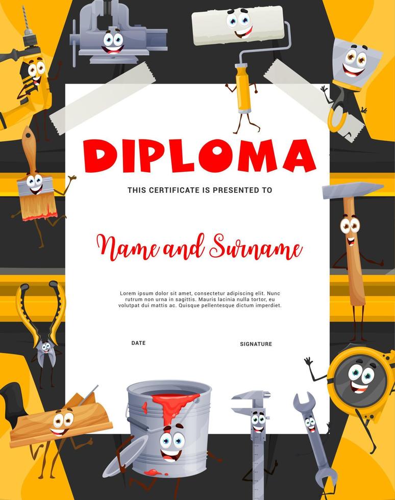 Kids diploma with cartoon construction tools vector