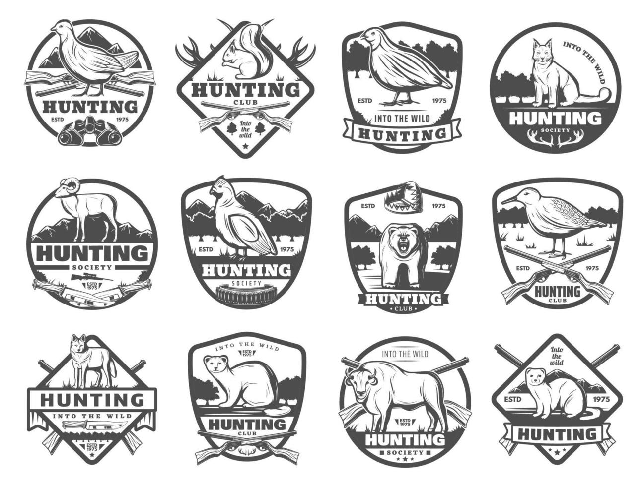Hunt club wild animals and birds vector icons