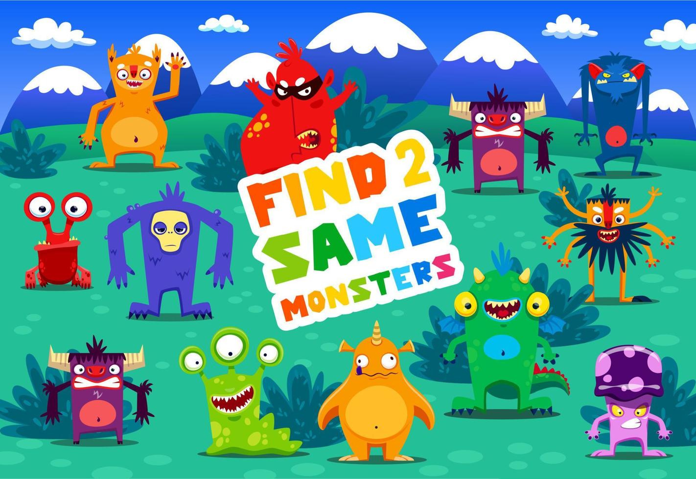 Find two same cartoon monster characters game vector