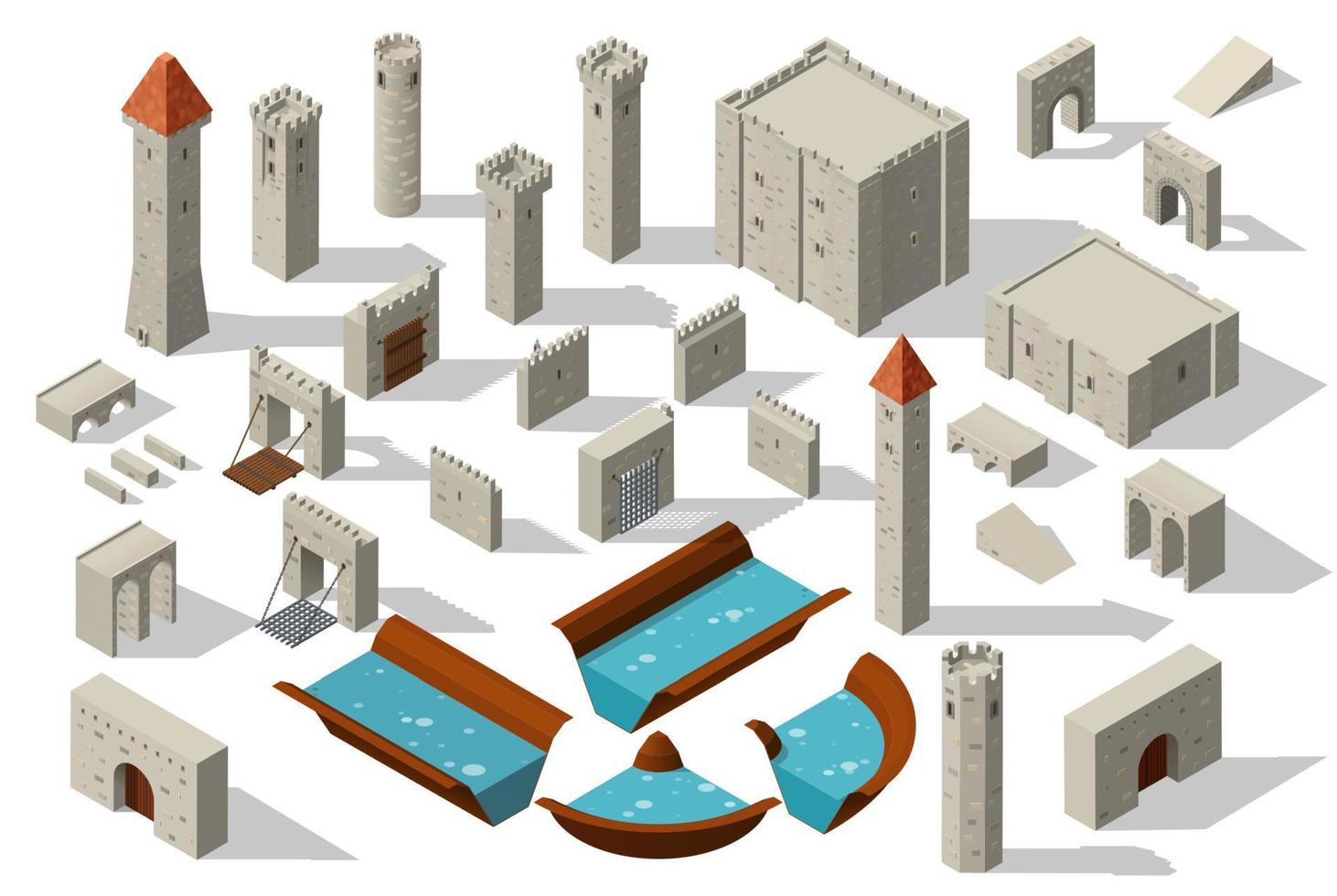 Isometric castle tower with wall bridge and moat vector